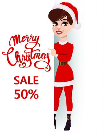 Merry Christmas greeting card. Pretty smiling woman in Santa Claus costume showing on placard with lettering. Vector illustrationのイラスト素材