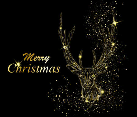 Merry Christmas and a Happy New Year greeting card with deer head with antlers. Polygonal gold colored vector illustration on black background.のイラスト素材