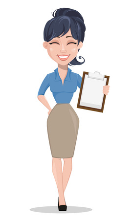 Laughing business woman holding checklist. Beautiful businesswoman in formal clothes standing straight. Cute cartoon character. Vector illustration.のイラスト素材