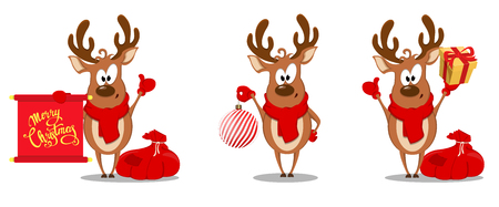 Merry Christmas greeting card with funny reindeer. Set of three vector illustrations isolated on white background.のイラスト素材