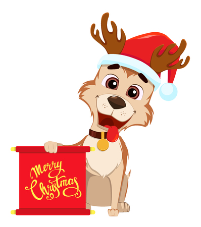 Merry Christmas greeting card. Funny dog wearing Santa Claus hat and deer antlers and holding scroll with greetings and bag with gifts. Vector illustration on white background.のイラスト素材