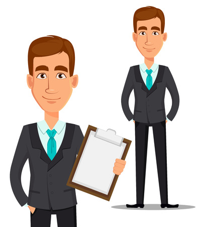 Business man cartoon character. Young handsome smiling businessman in business suit holding blank clipboard and standing straight. Vector illustrationのイラスト素材
