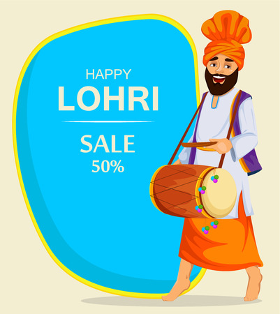 Popular winter Punjabi folk festival Lohri. Sikh man with decorated drum. Banner, poster for sale.のイラスト素材