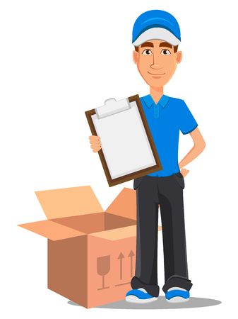 Smiling delivery man in blue uniform holding checklist and standing near carton box. Vector illustration on white background. のイラスト素材