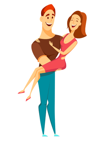 Valentines Day. Couple in love. Man holding woman in his arms. Cheerful cartoon characters. Vector illustration on white background.のイラスト素材