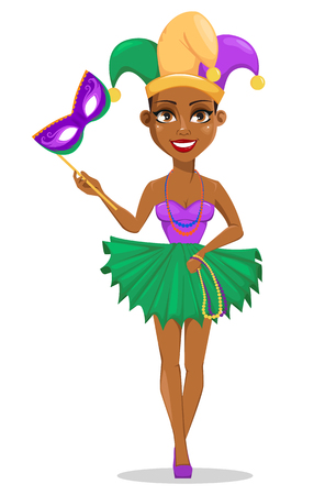 Mardi Gras jester woman holding mask for poster, greeting card, party invitation, banner or flyer on white background. Cheerful cartoon character. Vector Illustration.のイラスト素材