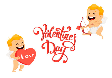 Valentines Day greeting card with cute cupid shooting love arrow and holding heart. Set of smiling cartoon character on white background. Vector illustration.のイラスト素材