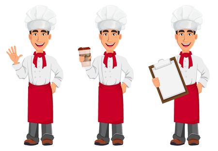 Young professional chef in uniform and cook hat. Smiling cartoon character, set with coffee, with clipboard and waving hand. Restaurant staff character design. Vector illustration.のイラスト素材