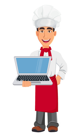 Young professional chef in uniform and cook hat. Cartoon character holding modern laptop. Restaurant staff character design. Vector illustration.のイラスト素材