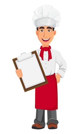 Young professional chef in uniform and cook hat. Cartoon character holding blank clipboard. Restaurant staff character design. Vector illustration.のイラスト素材