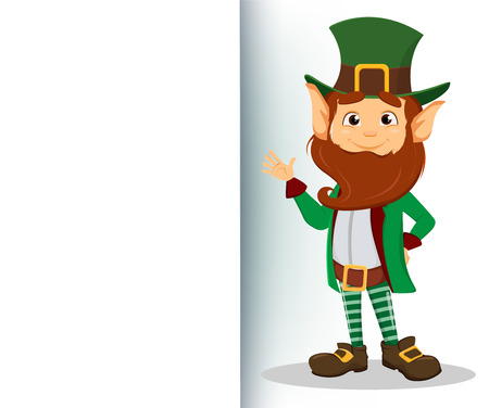 Happy Saint Patrick's Day. Smiling cartoon character leprechaun with green hat waving hand and standing near blank placard. Vector illustrationのイラスト素材