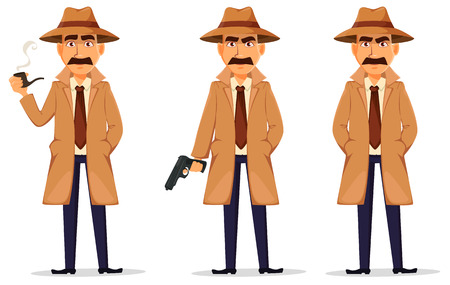 Detective in hat and coat. Set of handsome cartoon character with smoking pipe, with a gun and standing with hands in pockets. Vector illustration isolated on white background.のイラスト素材
