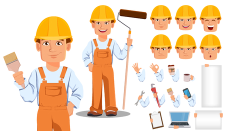 Handsome builder in uniform cartoon character creation set. Professional construction worker.のイラスト素材
