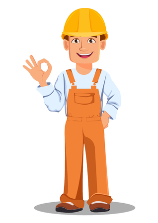 Handsome builder in uniform, cartoon character. Professional construction worker. Smiling repairman shows ok sign. Vector illustration on white background.のイラスト素材