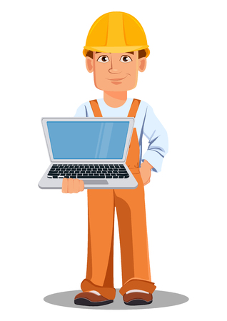Handsome builder in uniform, cartoon character. Professional construction worker. Smiling repairman holds laptop. Vector illustration on white background.のイラスト素材