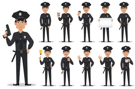 Police officer, policeman, set. Cartoon character cop. Vector illustration on white backgroundのイラスト素材