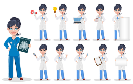 Doctor woman, professional medical staff, set. Beautiful cartoon character medic. Vector illustrationのイラスト素材