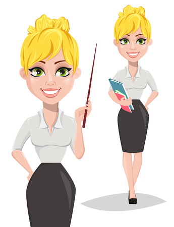 Cheerful female teacher holding books and holding a pointer. Happy teacher's day. Blonde woman teacher, cute cartoon character. - stock vectorのイラスト素材