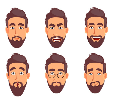 Face expressions of business man. Different male emotions set. Handsome cartoon character. Vector illustration isolated on white background.のイラスト素材