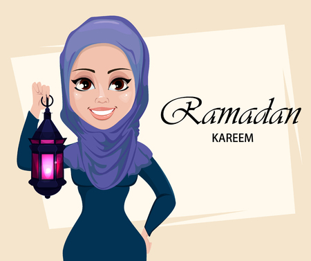 Ramadan Kareem greeting card with beautiful Muslim woman holding traditional Arabic lantern. Usable for Eid Mubarak. Stock vector illustrationのイラスト素材