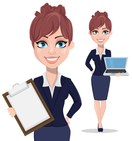 Businesswoman cartoon character, set. Beautiful business woman in office style clothes holding clipboard and holding laptop. Vector illustration on white backgroundのイラスト素材
