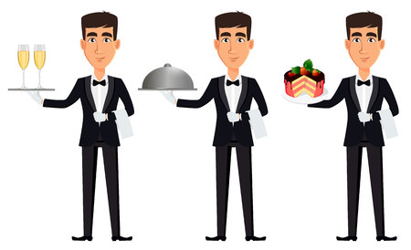 Handsome waiter, set of three poses. Cheerful cartoon character holding two glasses of champagne, holding restaurant cloche and holding cake. Vector illustration.のイラスト素材