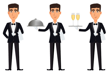 Handsome waiter set of three posesのイラスト素材