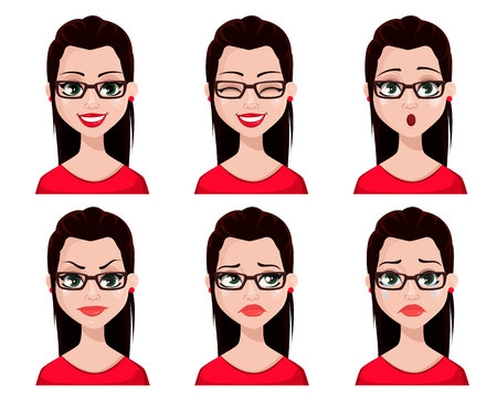 Face expressions of sexy secretary. Different female emotions set. Beautiful cartoon character. Vector illustration isolated on white background.のイラスト素材