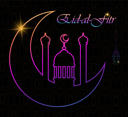 Eid Al Fitr greeting card with line mosque dome, moon and lantern. Eid Mubarak. Vector illustration on black background. のイラスト素材