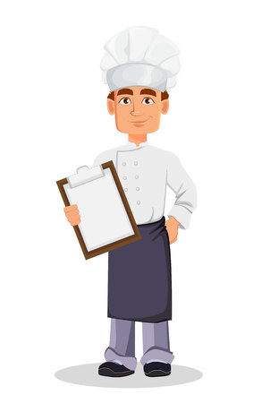 Handsome baker in professional uniform and chef hat holding clipboard. Cheerful cartoon character. Vector illustration on white background.のイラスト素材
