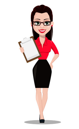 Sexy secretary. Beautiful office assistant in office style clothes holding clipboard. Vector illustration on white backgroundのイラスト素材