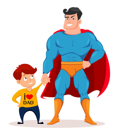 Happy Fathers Day greeting card, flyer, poster or banner. Cheerful son and dad in costume of superhero standing together. Vector illustration on white backgroundのイラスト素材