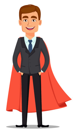 Handsome banker in business suit. Cheerful cartoon character wearing a superhero cloak. Vector illustration on white background.のイラスト素材