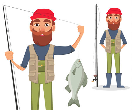 Fisher cartoon character, set. Fishermen with caught fish and with fishing rod. Vector illustrationのイラスト素材