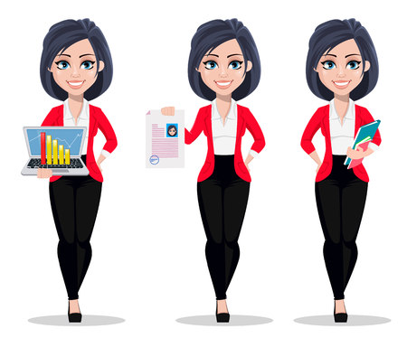 Business woman, manager, banker, set of three poses. Beautiful banker in business suit. Cartoon character holding laptop, holding document and holding folders. Vector illustrationのイラスト素材
