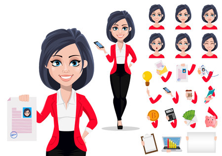 Business woman, manager, banker. Beautiful female banker in business suit. Pack of body parts, emotions and things. Build your personal design. Vector illustrationのイラスト素材