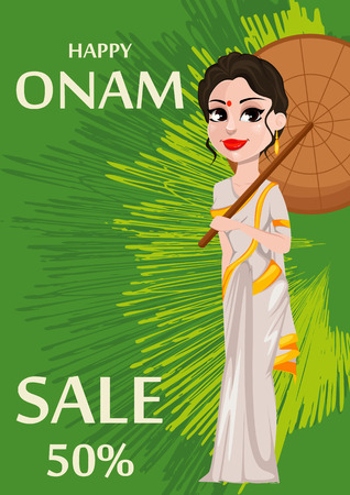 Onam celebration. Indian woman in traditional clothes holding umbrella. Happy Onam festival in Kerala. Vector illustration for sale on green abstract backgroundのイラスト素材
