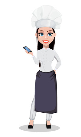 Beautiful baker woman in professional uniform and chef hat holding smartphone. Cheerful cartoon character. Vector illustration on white background.のイラスト素材