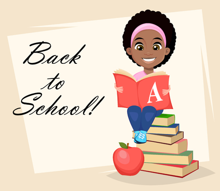 Back to School greeting card, poster or flyer. Cute African American girl sitting and reading book, cartoon character. Vector illustrationのイラスト素材