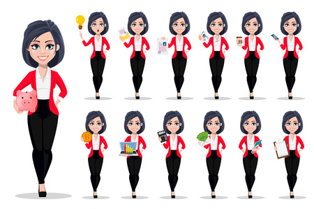 Business woman, manager, banker. Beautiful female banker in business suit. Pretty cartoon character, set of thirteen poses. Vector illustration on white backgroundのイラスト素材