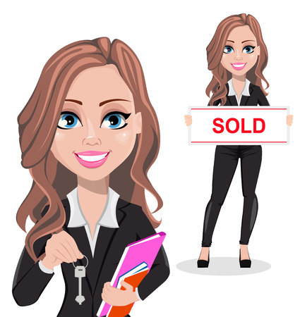 A real estate agent cartoon character, set of two poses. Beautiful realtor woman holding key and holding banner with text Sold. Cute business woman. Vector illustration