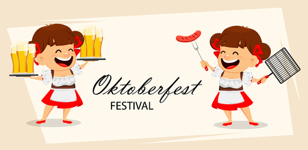 Greeting card for oktoberfest, beer festival. Funny woman, cheerful cartoon character. Vector illustrationのイラスト素材