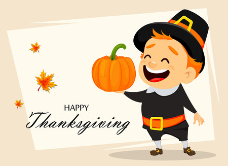 Thanksgiving greeting card with Canadian man holding pumpkin. Funny cartoon character for holiday. Vector illustration on light background with maple leaves.のイラスト素材