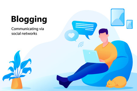 Concept of blogging. Man sitting in comfortable armchair at home and working on laptop. Communication via social networks, flat style - stock vectorのイラスト素材