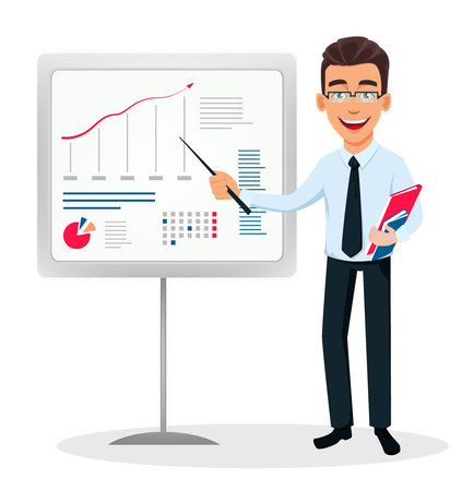 Business man cartoon character showing on board with infographics. Young handsome smiling businessman in office style clothes - stock vectorのイラスト素材
