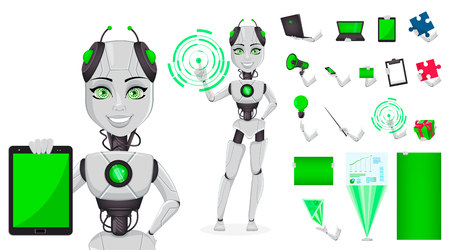 Robot with artificial intelligence, female bot, character creation set, pack of body parts, emotions and things. Cartoon character. Build your personal design. Future concept. Vector Illustrationのイラスト素材