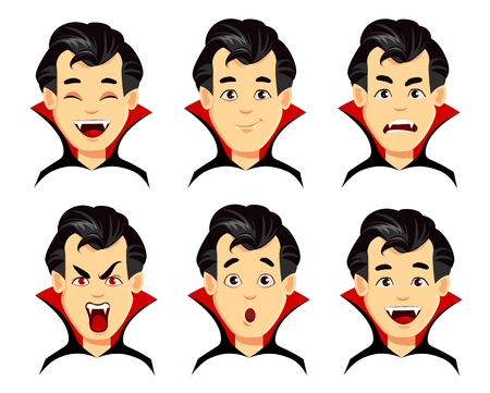 Happy Halloween. Emotions of vampire cartoon character wearing black and red cape, set. Vector illustrationのイラスト素材