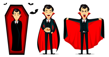 Happy Halloween. Vampire cartoon character wearing black and red cape. Set of three poses, sleeping in coffin, holding scull and making scary gesture. Vector illustrationのイラスト素材