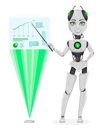 Robot with artificial intelligence, female bot. Cute cartoon character pointing on holographic infographics. Humanoid cybernetic organism. Future concept. Vector Illustrationのイラスト素材