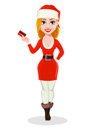 Merry Christmas. Beautiful woman in Santa Claus costume. Cheerful cartoon character holding plastic credit card. Usable for greeting card, banner, poster, flyer. Vector illustrationのイラスト素材